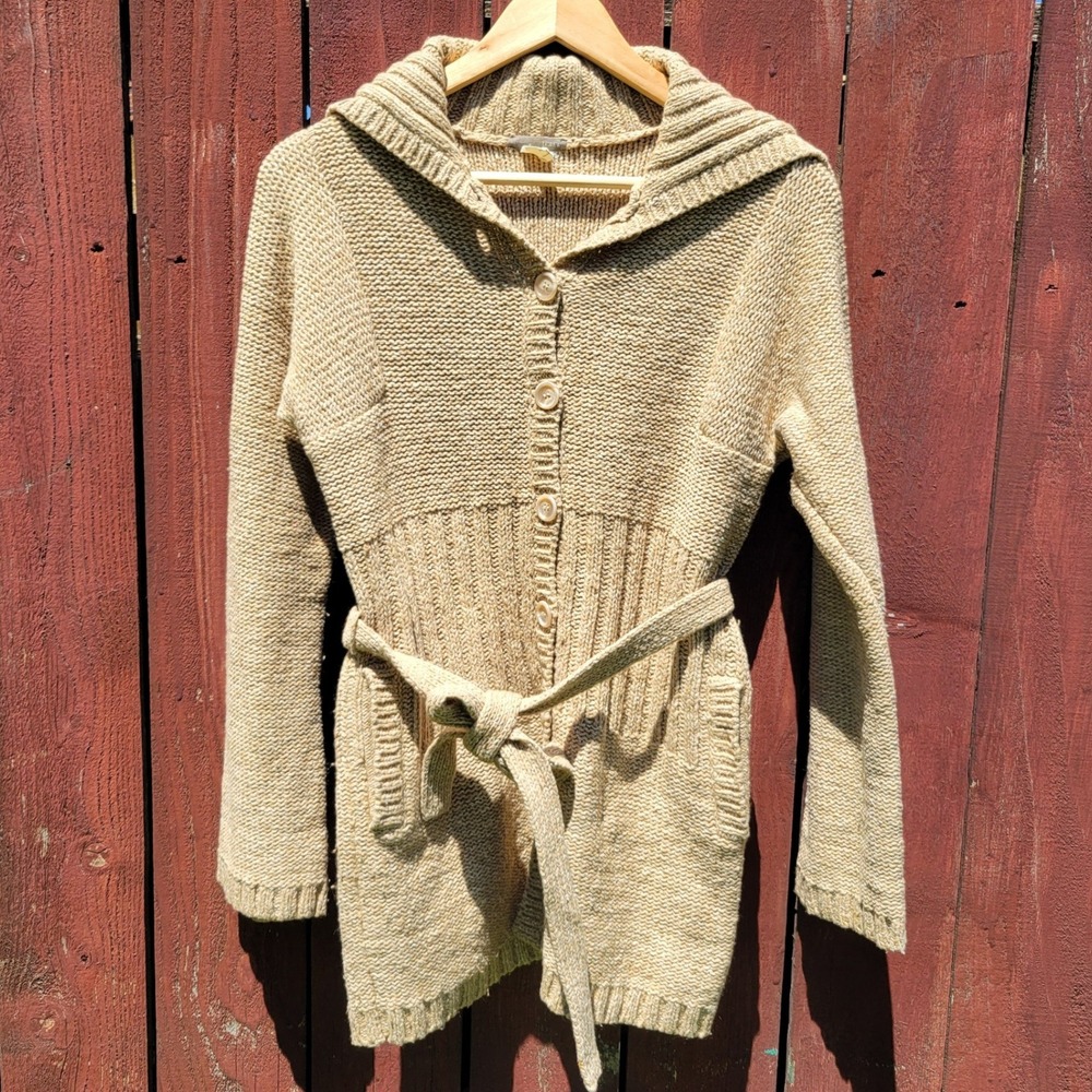 J.Crew Tan Wool Cotton Blend Belted Cardigan Sweater M Classic Preppy Academia